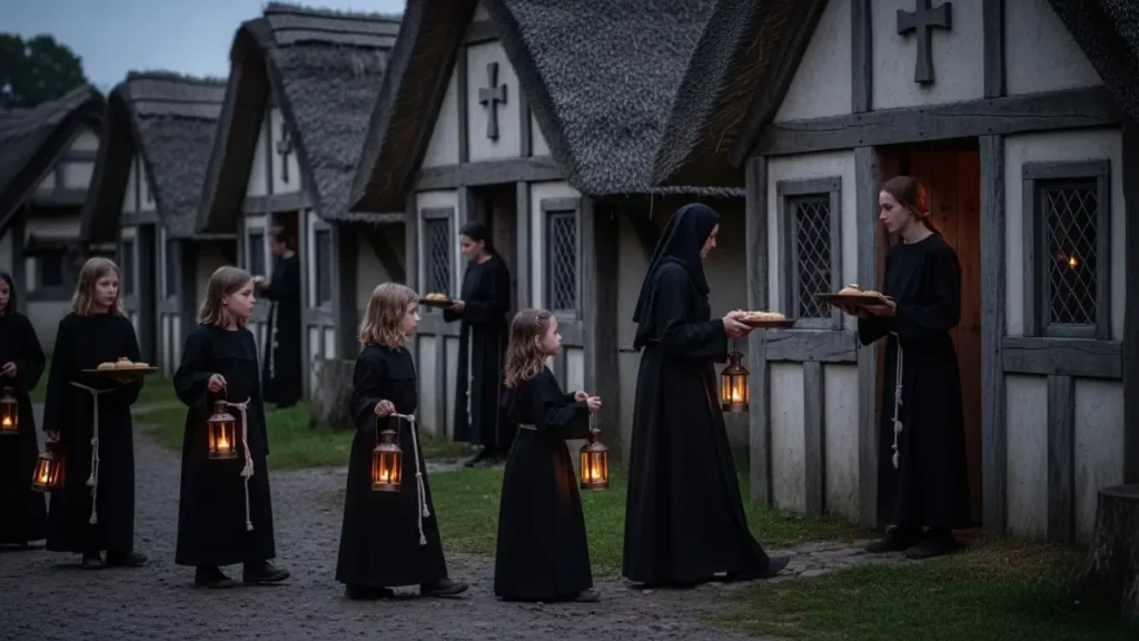 Medieval “Souling” Scene with Soul Cakes (8th–11th Century CE)