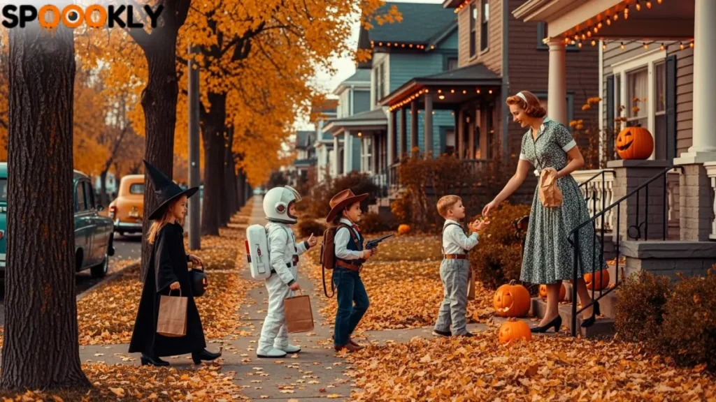 Realistic Trick-or-Treating Scene in 1950s American Suburb