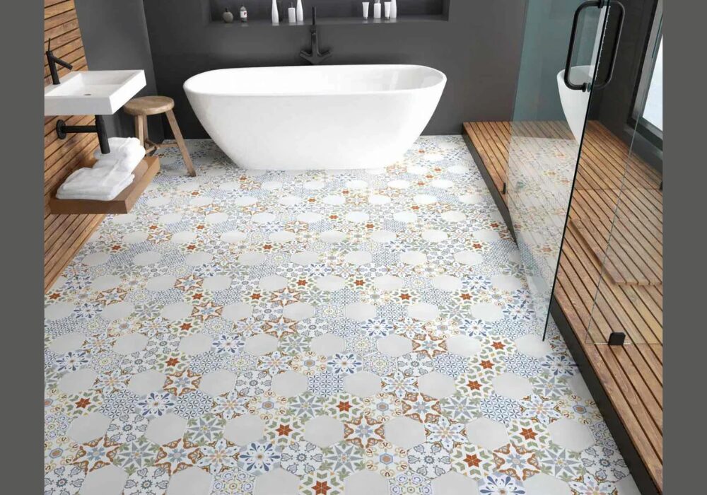 Patterned Ceramic Tiles for a Decorative Bathroom Floor