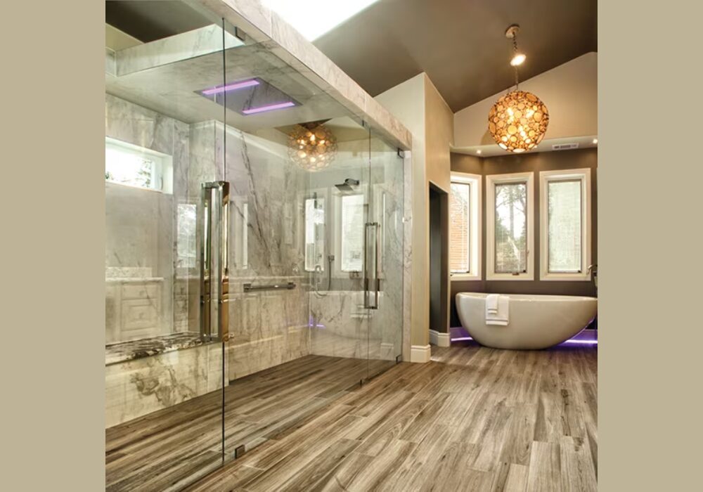 Wood Look Porcelain Flooring for Warm Bathroom Design